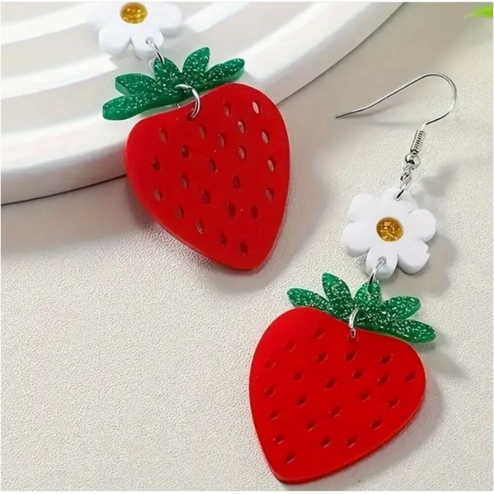 red strawberry flower earrings daisy  2.5"